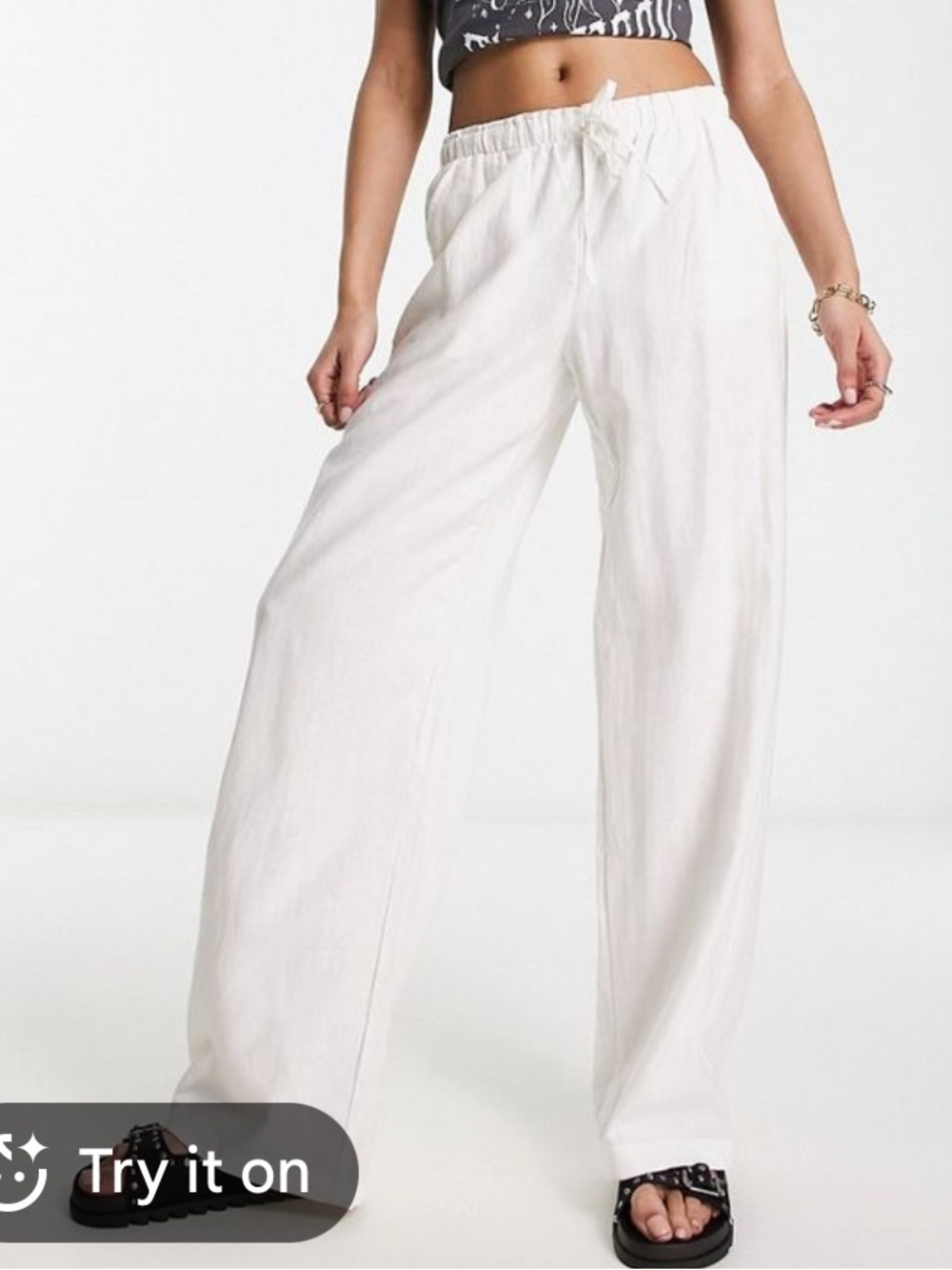 Bershka Wide Leg Drawstring Linen Pants in White